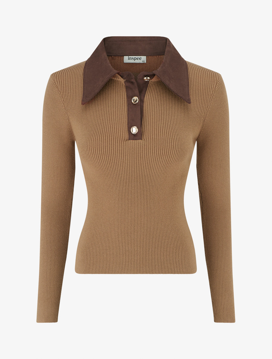 Pull fin en maille à col boutonné en suédine - Camel - 1