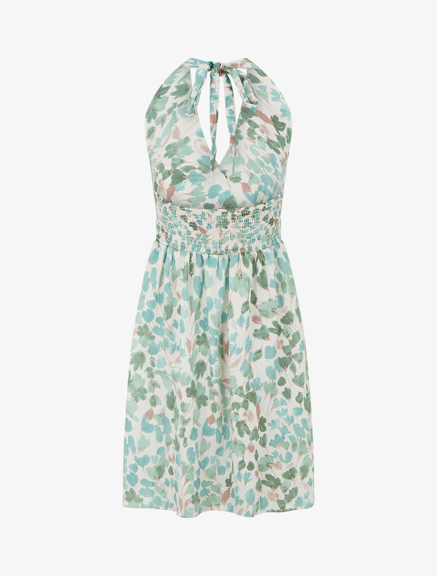 Robe mi-longue dos nu imprimé fleurs abstraites - Vert menthe - 2
