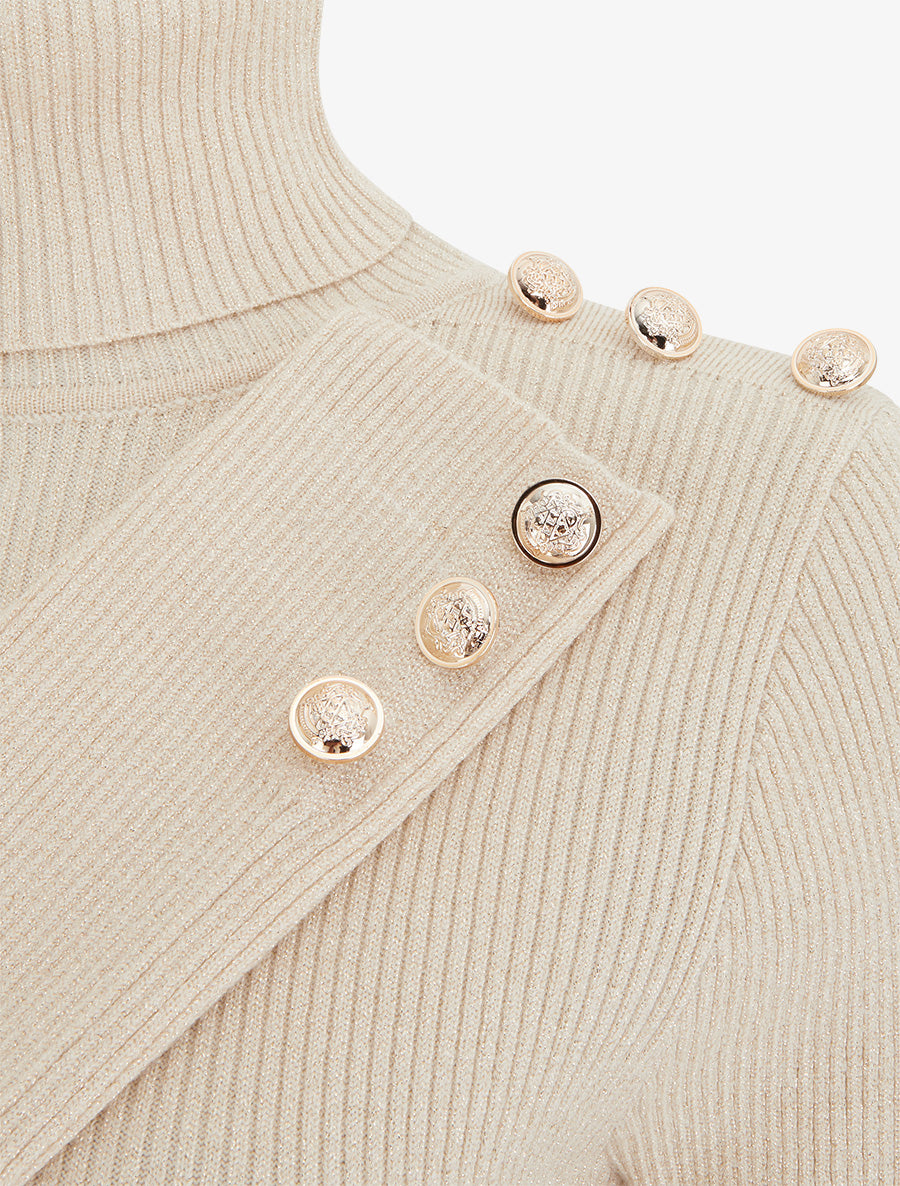 Pull en maille côtelée pailleté à col roulé - Beige - 3