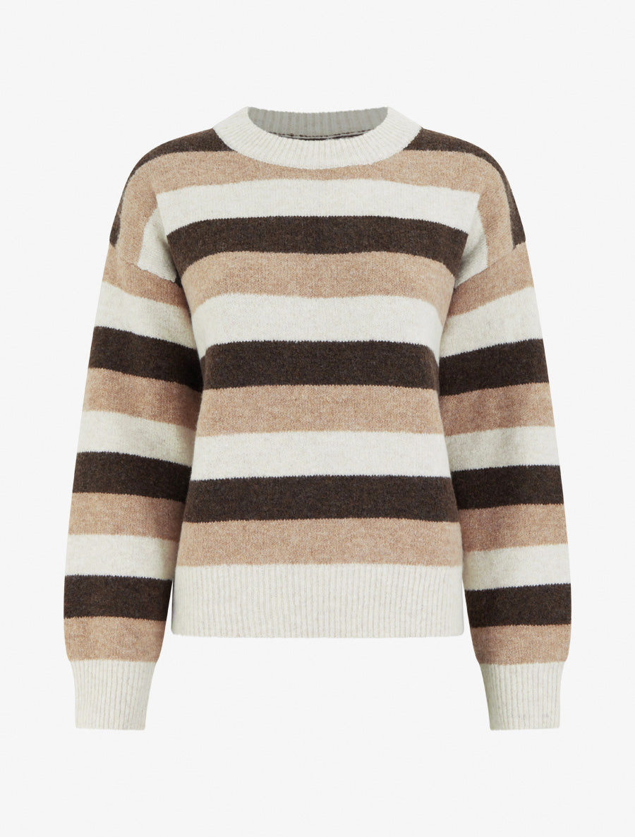 Pull droit rayé à col rond - Beige - 1