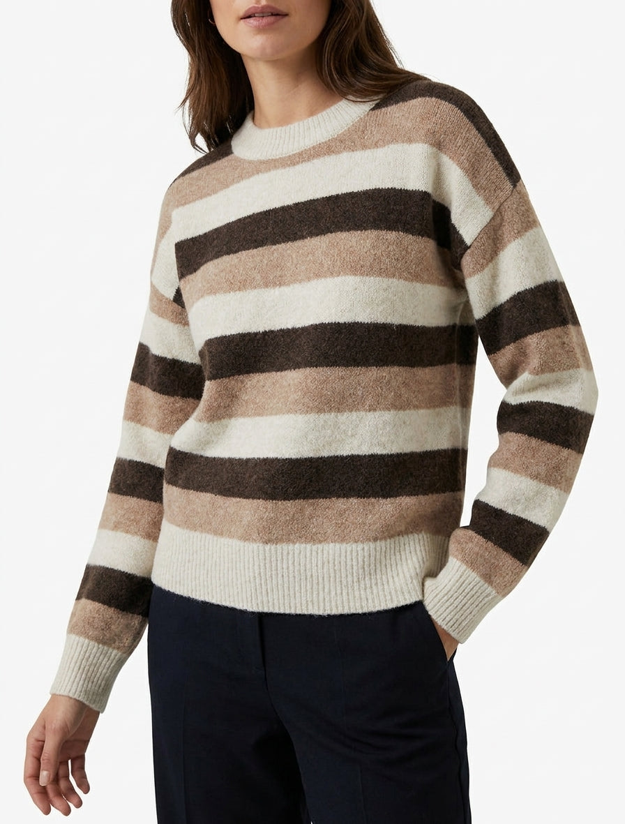 Gestreepte rechte trui met ronde hals - Beige