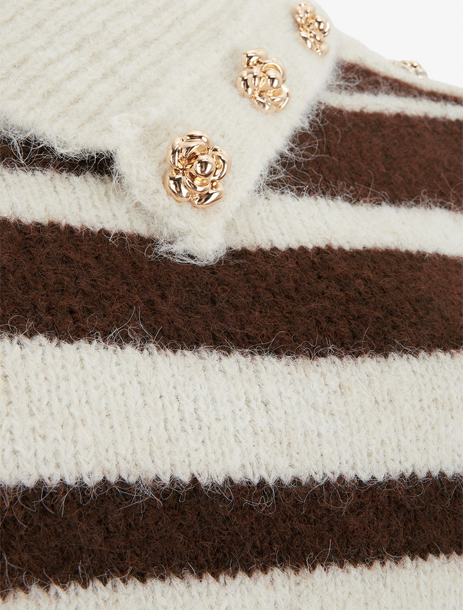 Pull rayé à col châle fantaisie et bouton bijoux - Marron/beige - 3