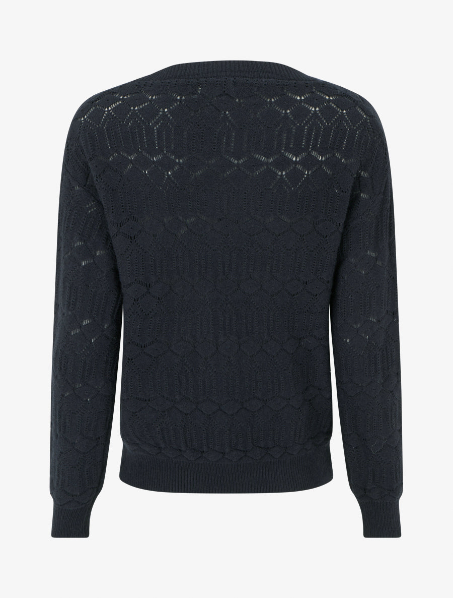 Pull uni ajouré à col rond - Bleu nuit - 2