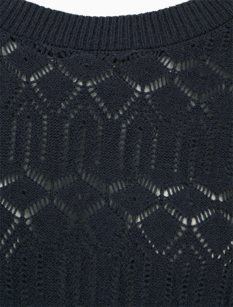 Pull uni ajouré à col rond - Bleu nuit - 3