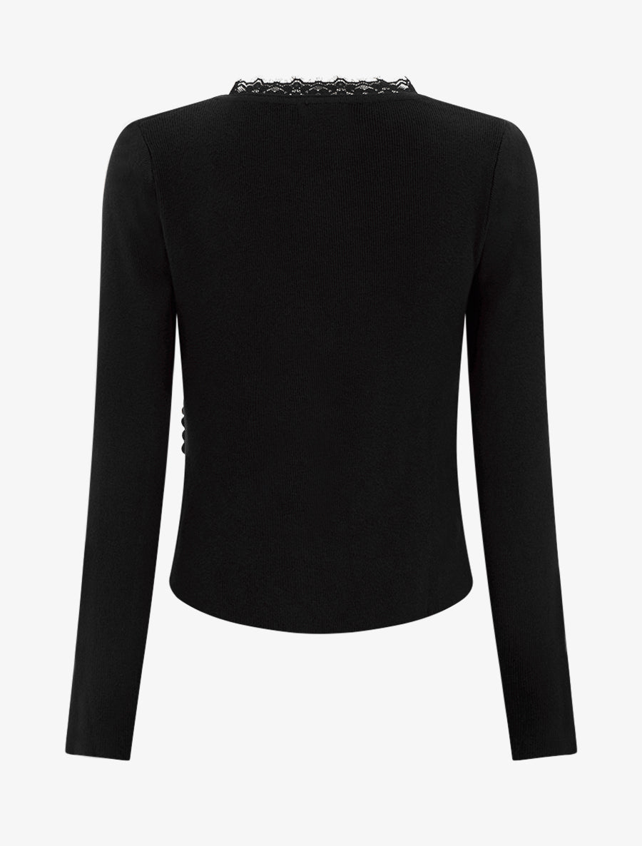Pull côtelé asymétrique à détail dentelle - Noir - 2