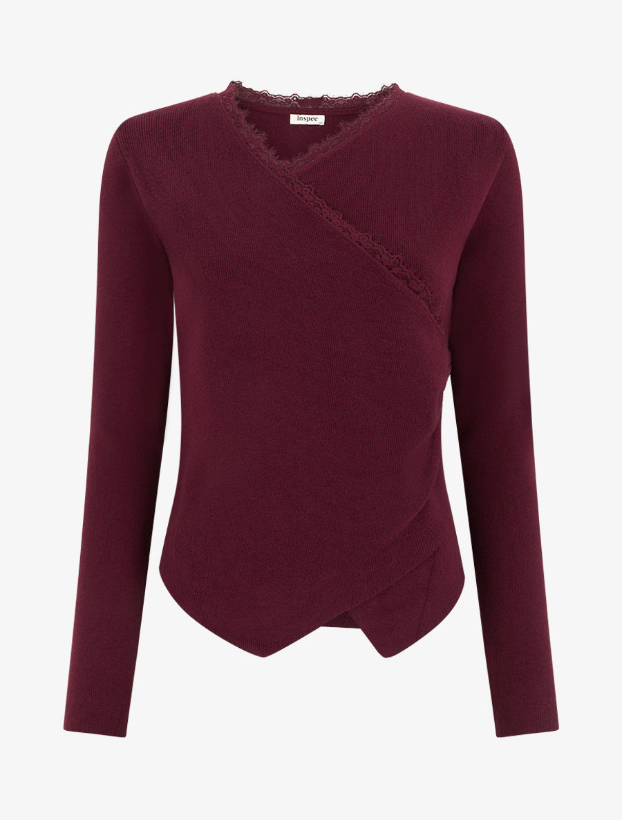 Pull côtelé asymétrique à détail dentelle - Lie de vin - 1