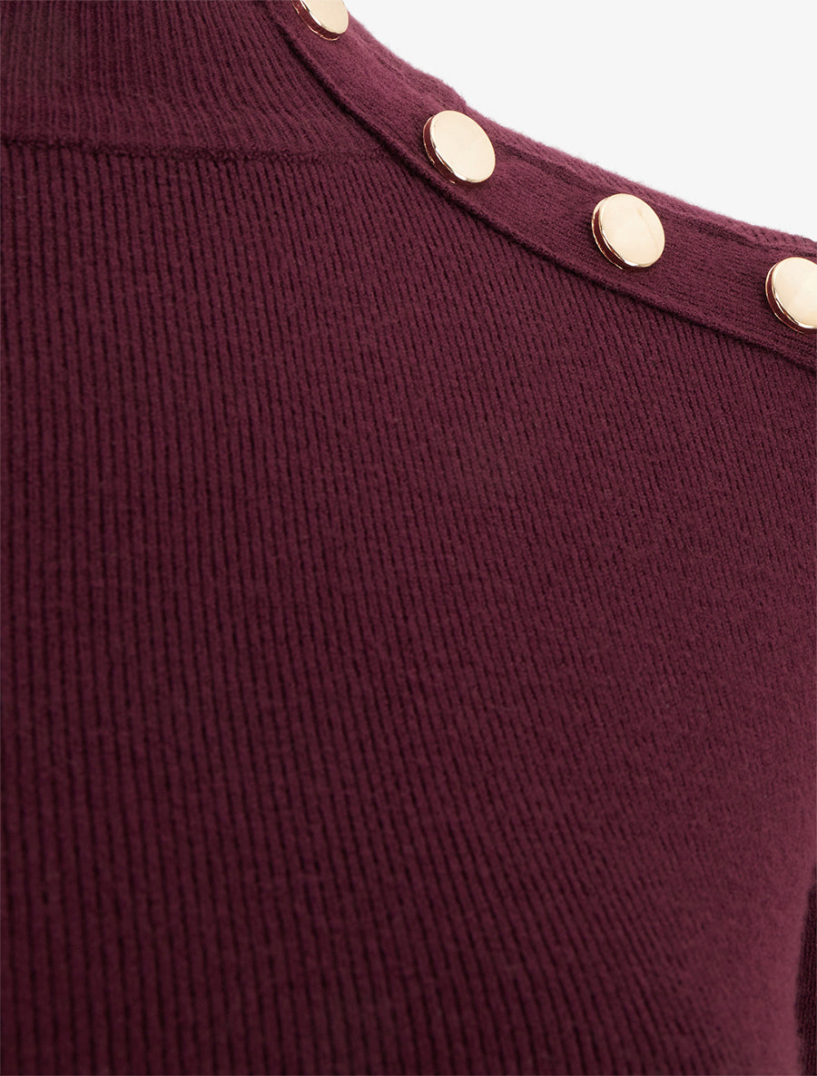 Pull fin ajusté à col montant et boutons décoratifs - Lie de vin - 3