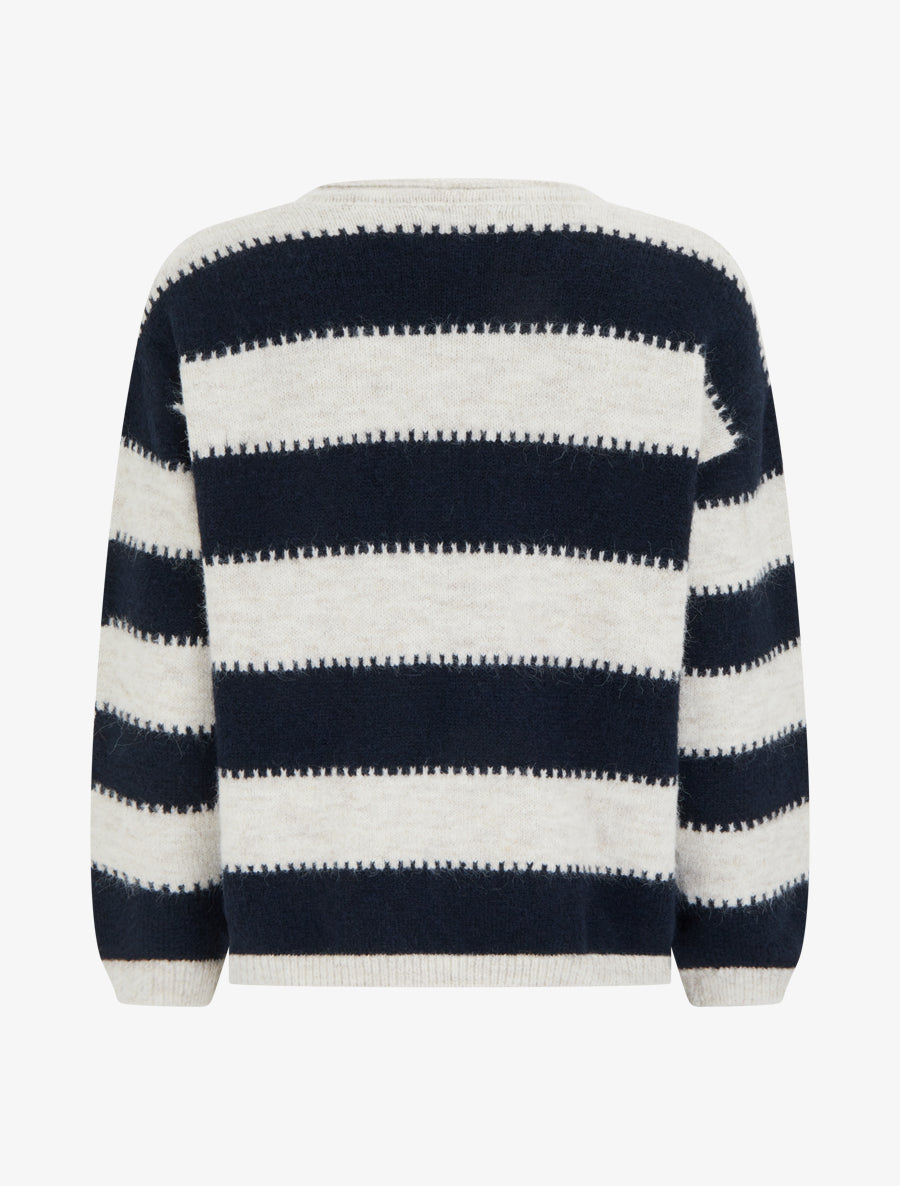 Pull droit à col rond et rayures stylisées - Marine - 2