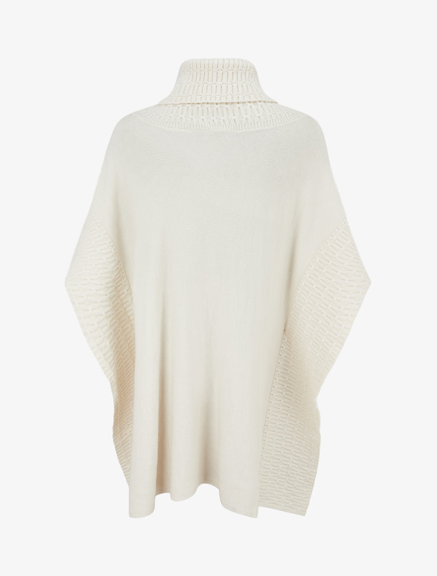 Poncho ample à col roulé en maille fantaisie - Écru - 2