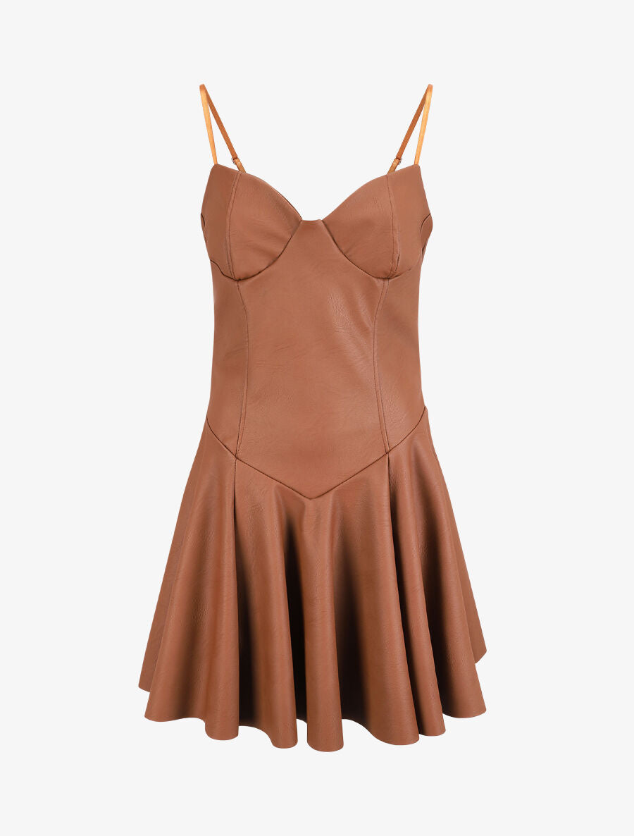 Robe volantée en simili à fines bretelles - Camel - 1