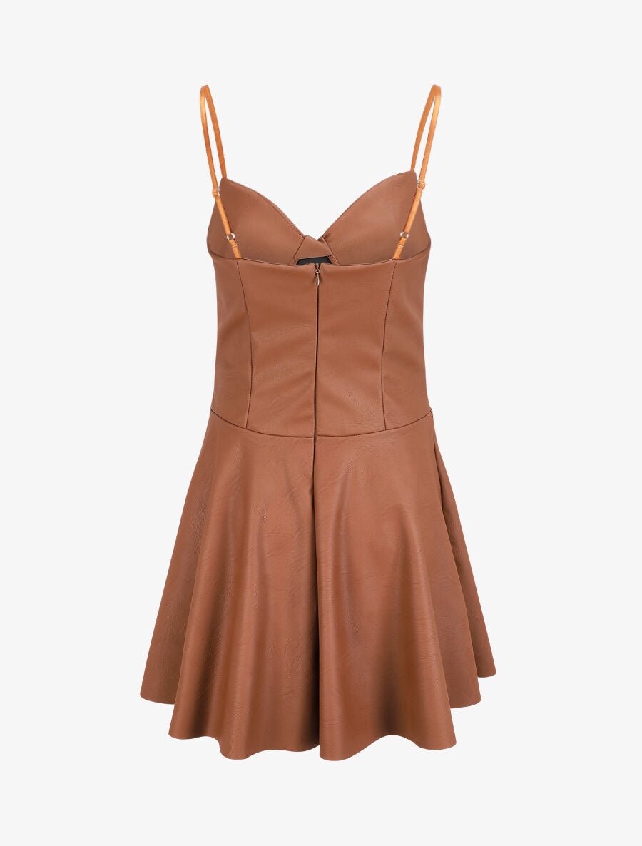 Robe volantée en simili à fines bretelles - Camel - 2
