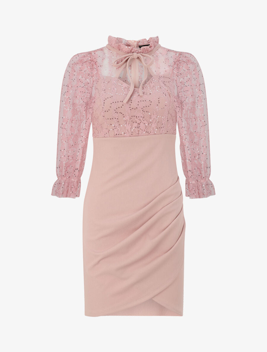 Robe à col montant et buste en dentelle et sequins - Rose poudré - 1