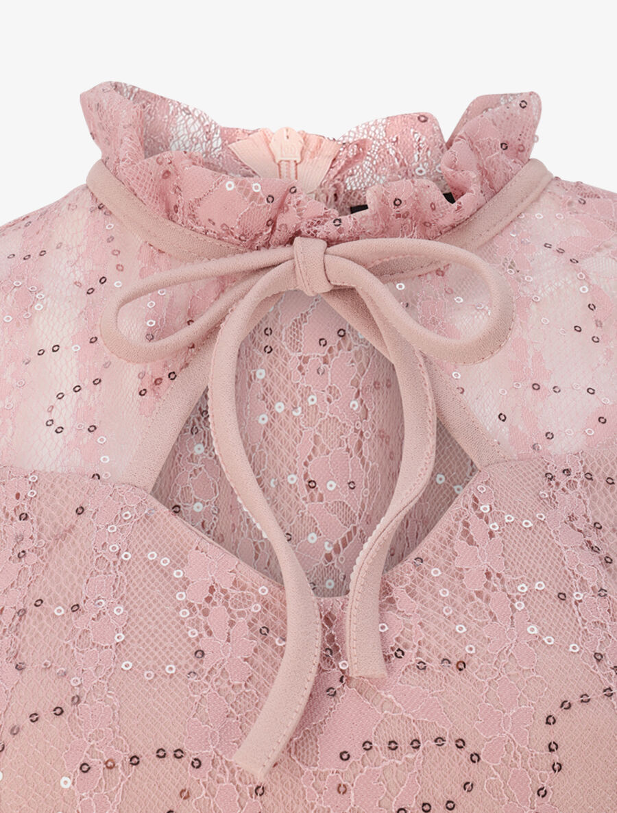 Robe à col montant et buste en dentelle et sequins - Rose poudré - 3