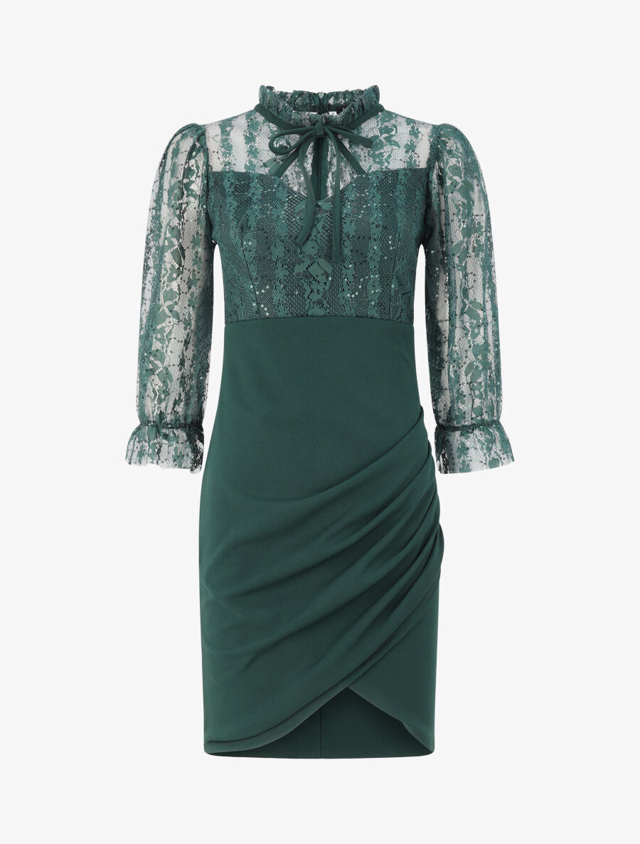 Robe à col montant et buste en dentelle et sequins - Vert sapin - 5
