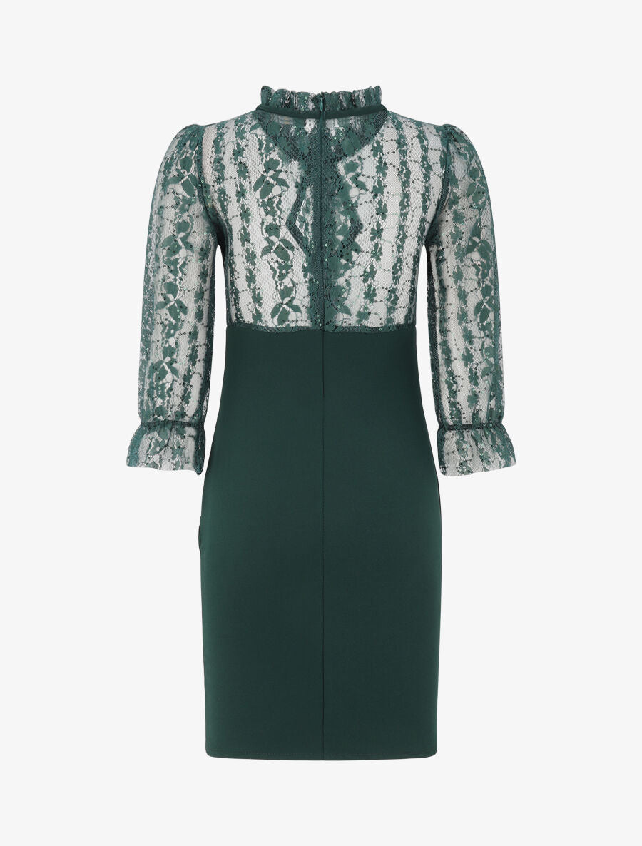 Robe à col montant et buste en dentelle et sequins - Vert sapin - 2