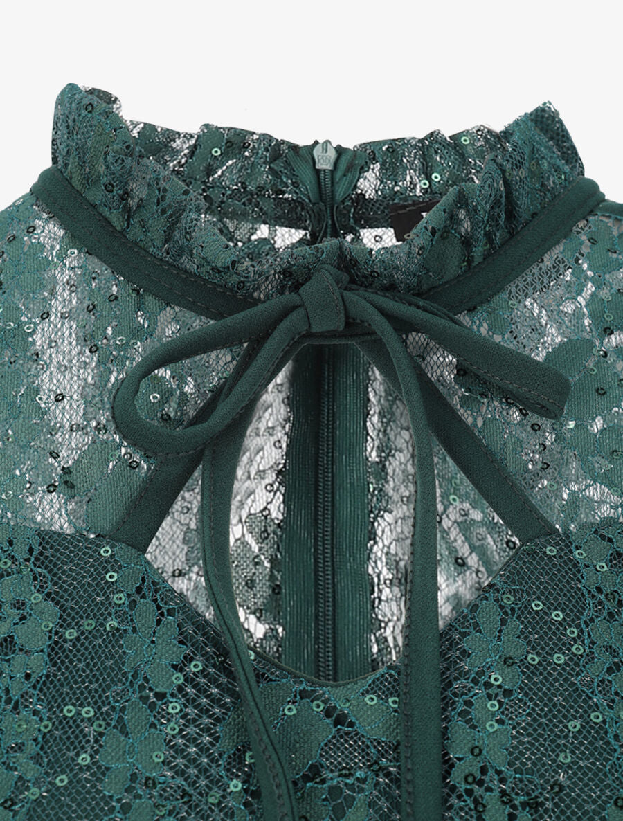 Robe à col montant et buste en dentelle et sequins - Vert sapin - 3