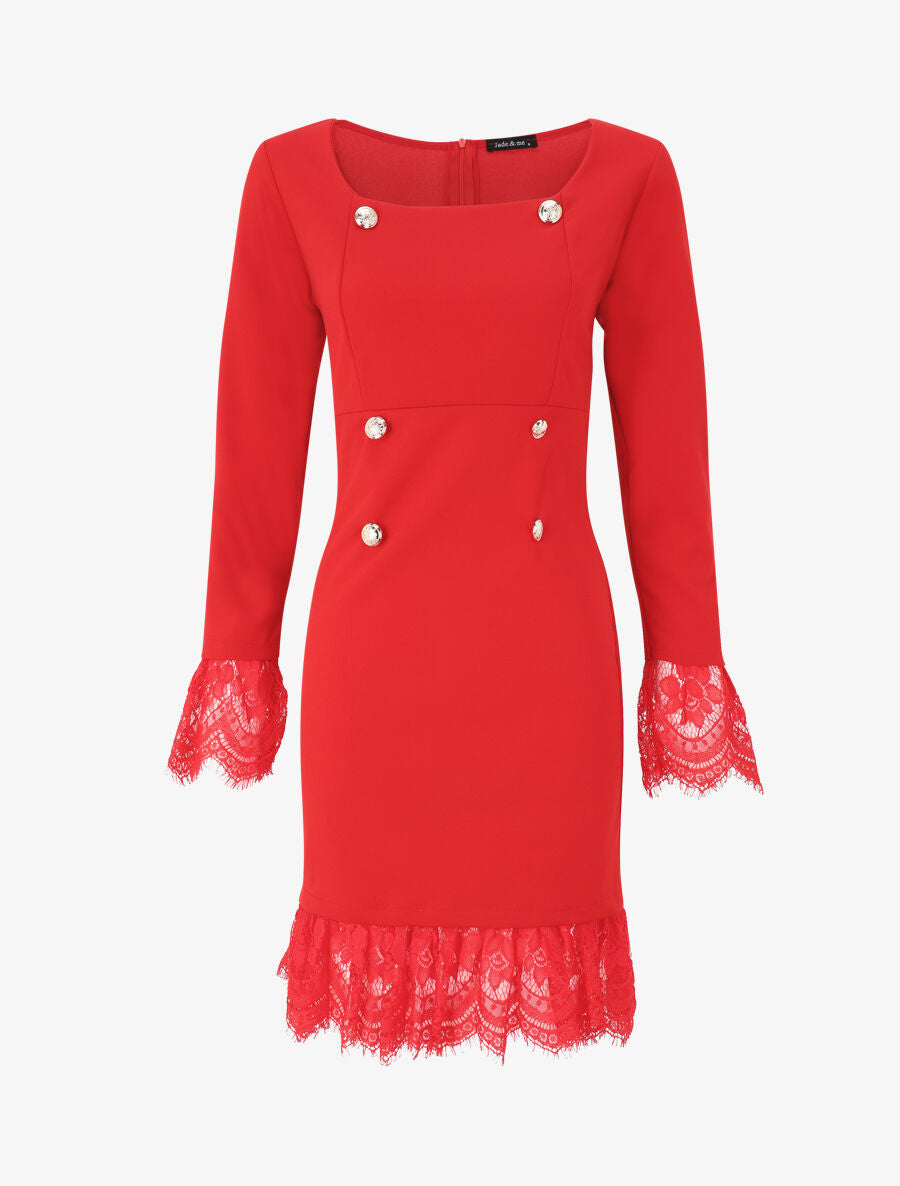 Robe à col carré et bords en dentelle - Rouge - 1