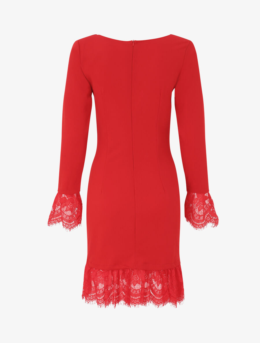 Robe à col carré et bords en dentelle - Rouge - 2