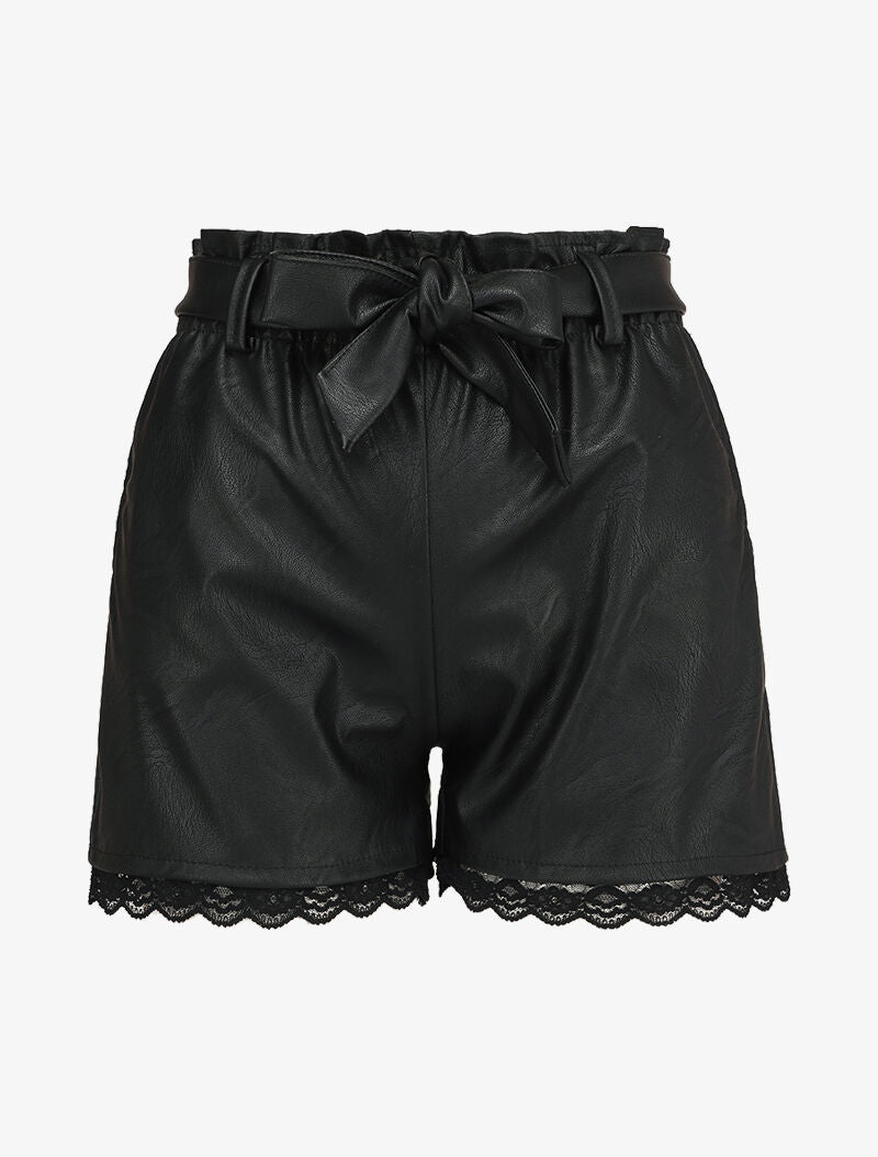 Short paper bag en simili et bords en dentelle - Noir - 1