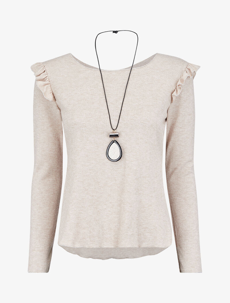 Pull fin à épaules volantées et à liserés lamés - Beige - 2