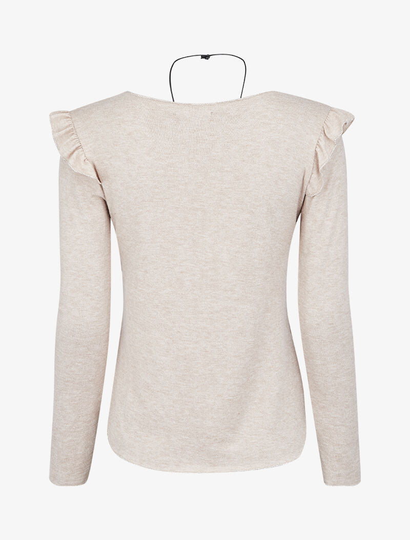 Pull fin à épaules volantées et à liserés lamés - Beige - 3
