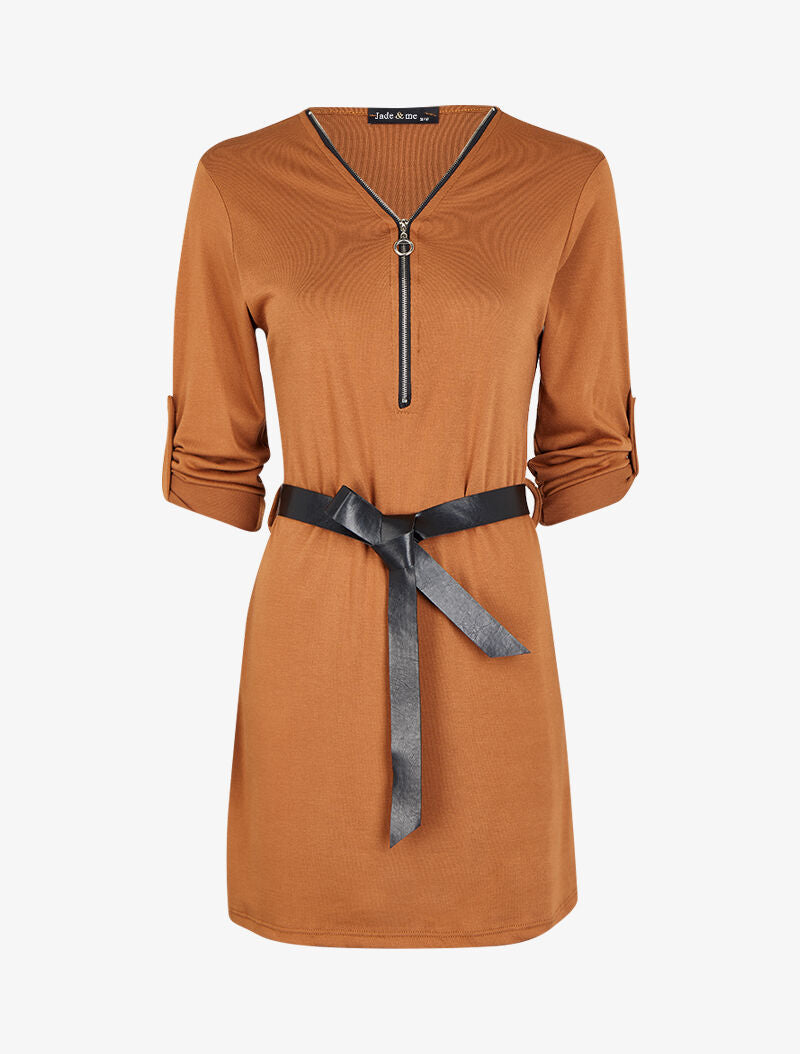 Robe à col V zippé et manches longues retroussables - Camel - 4