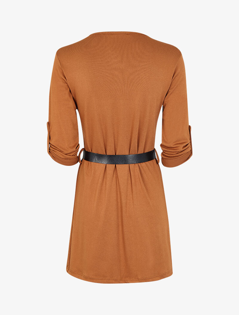 Robe à col V zippé et manches longues retroussables - Camel - 2