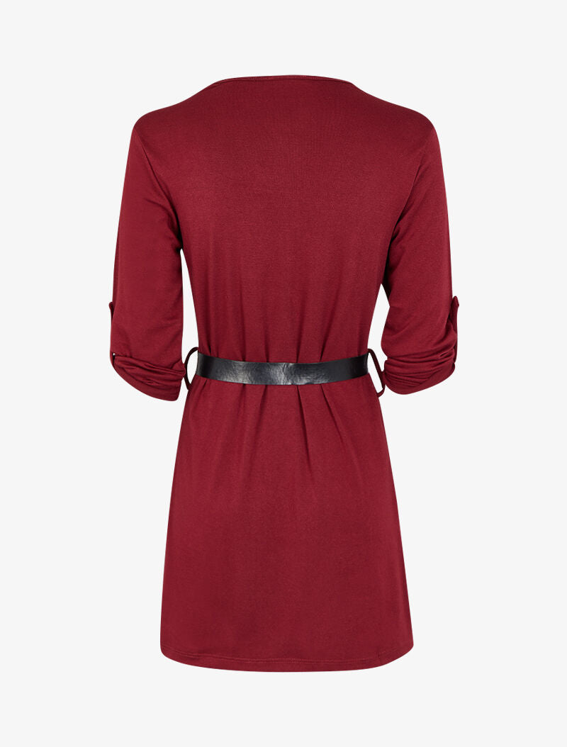 Robe à col V zippé et manches longues retroussables - Bordeaux - 2