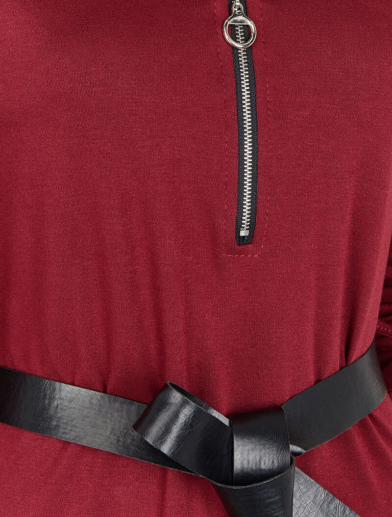 Robe à col V zippé et manches longues retroussables - Bordeaux - 3
