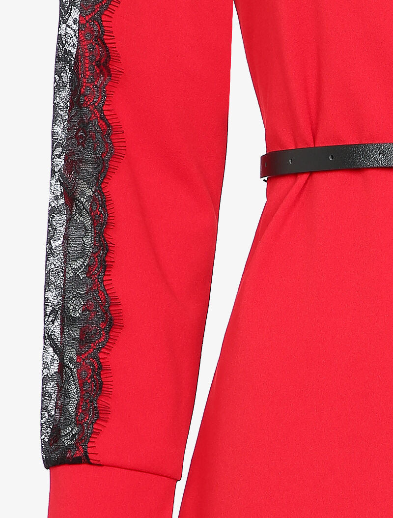 Robe chemise à manches détail dentelle - Rouge - 3