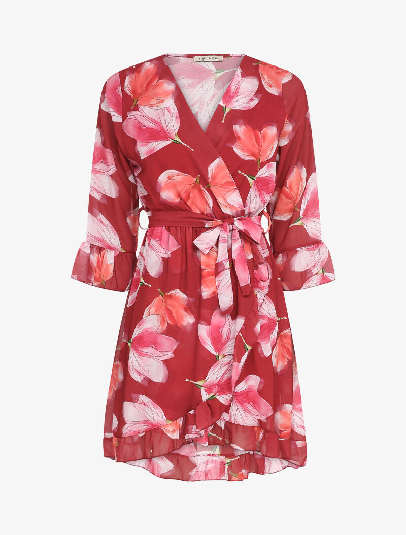 Robe cache-coeur à motif tulipes - Bordeaux - 1