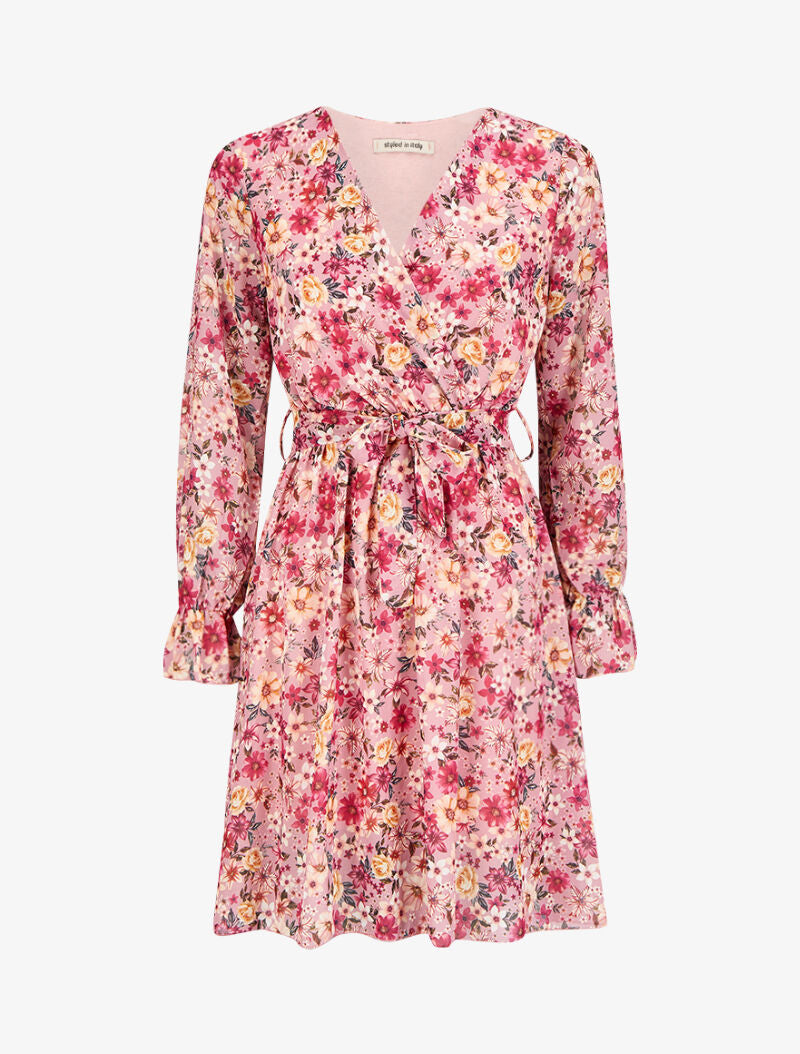 Robe imprimé multi fleurs à col cache-coeur et ceinture - Rose - 1