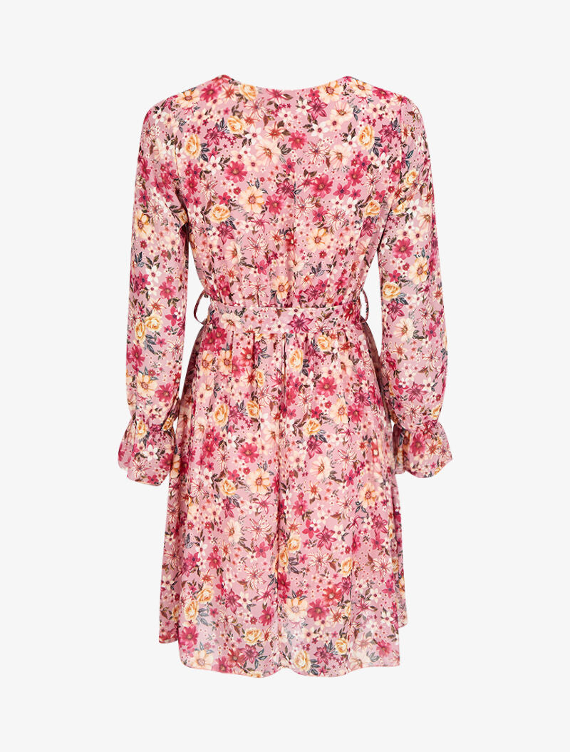 Robe imprimé multi fleurs à col cache-coeur et ceinture - Rose - 2