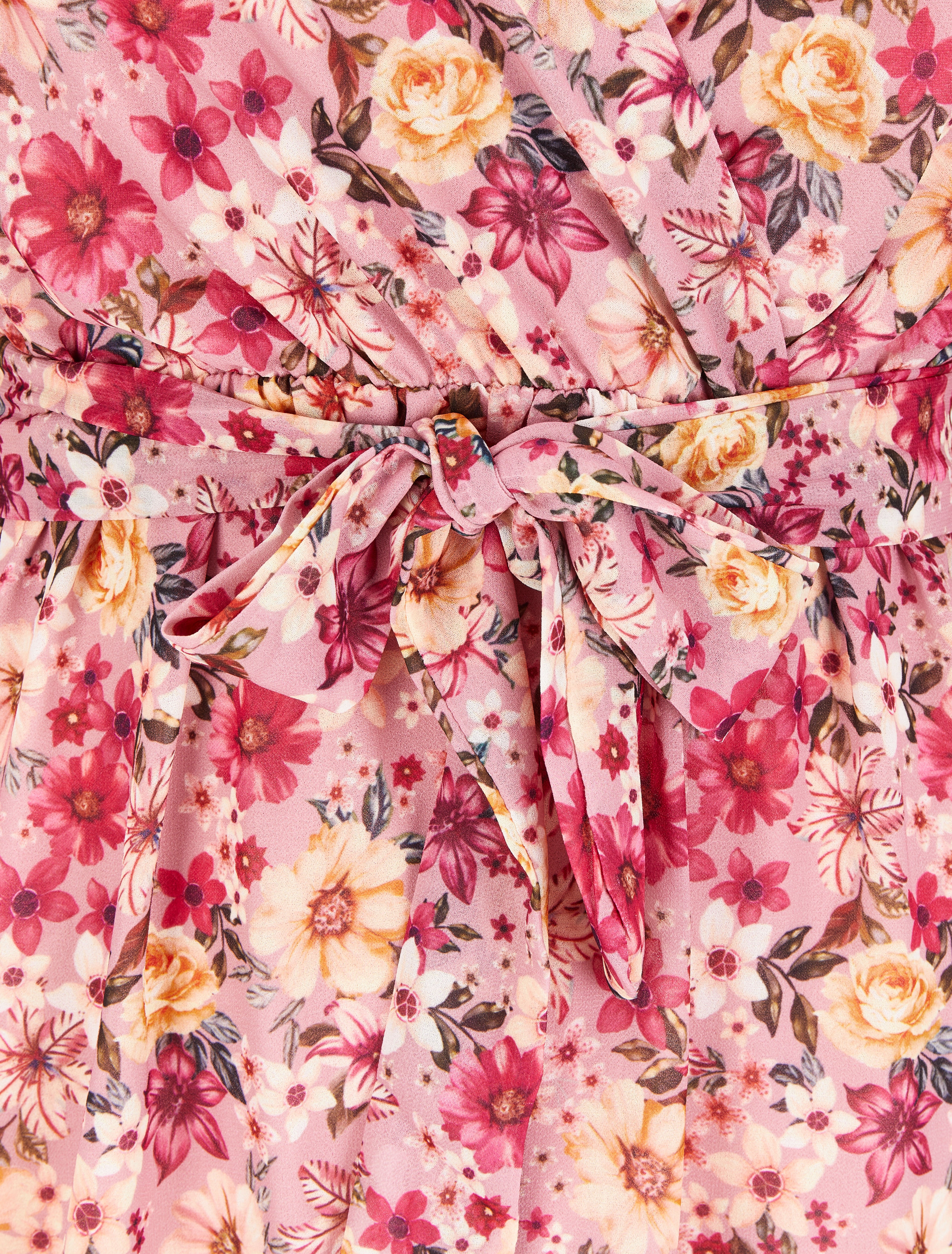 Robe imprimé multi fleurs à col cache-coeur et ceinture - Rose - 3