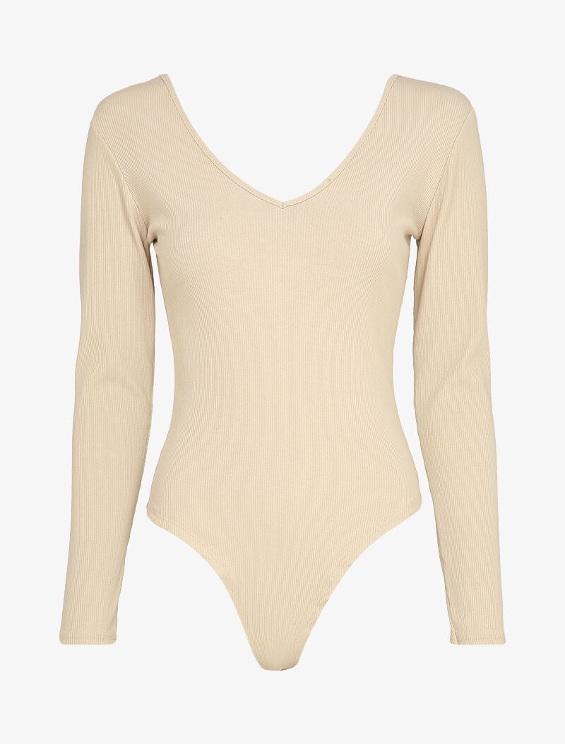 Body côtelé à col et dos en V - Beige - 1