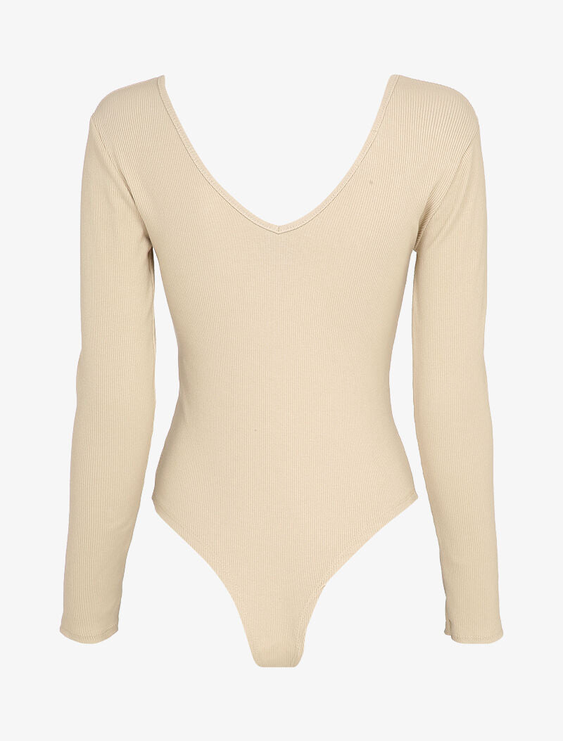 Body côtelé à col et dos en V - Beige - 2