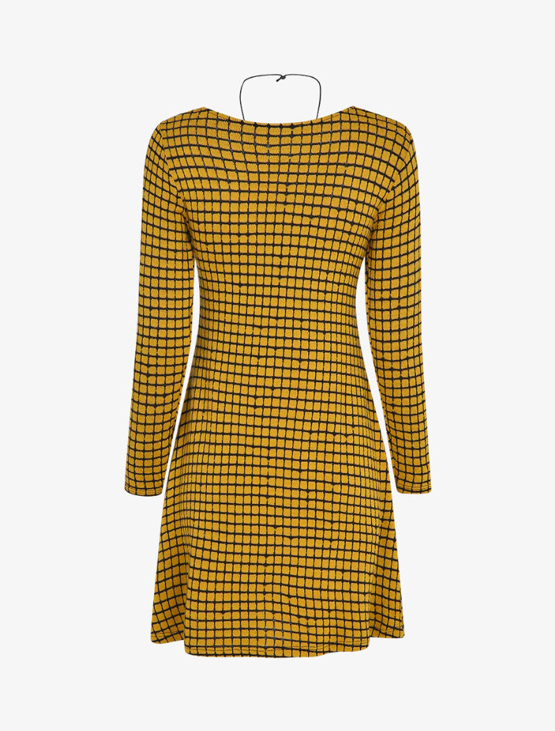 Robe pull évasée à carreaux et manches longues - Moutarde - 2