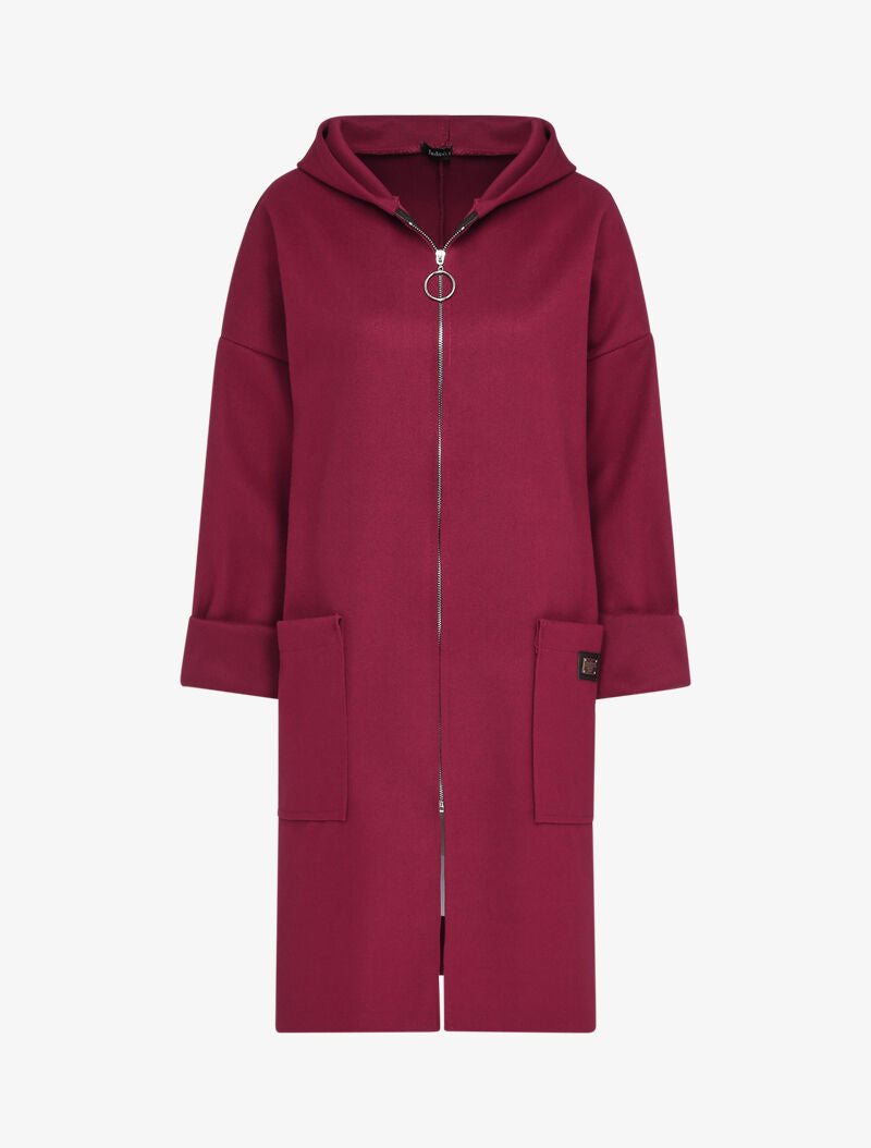Manteau mi-long à capuche et manches à revers - Bordeaux - 1