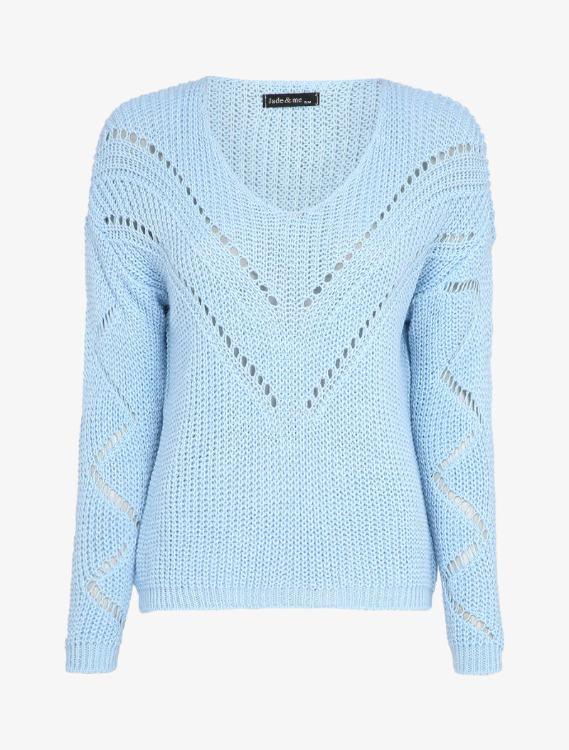 Pull à col V en maille stylisée et ajourée - Bleu ciel - 4