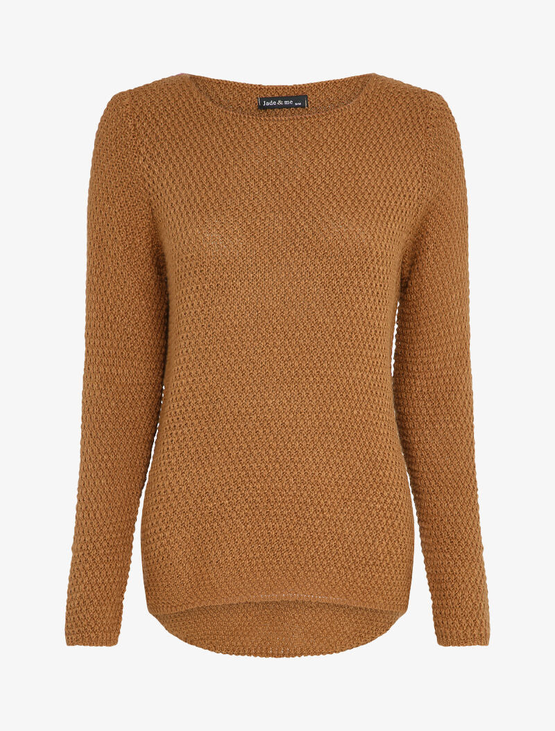 Pull long à dos en maille ajourée - Camel - 4