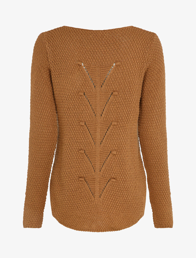Pull long à dos en maille ajourée - Camel - 2