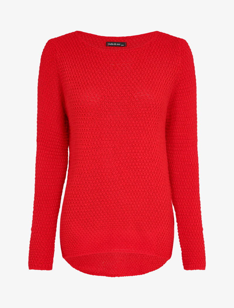 Pull long à dos en maille ajourée - Rouge - 1
