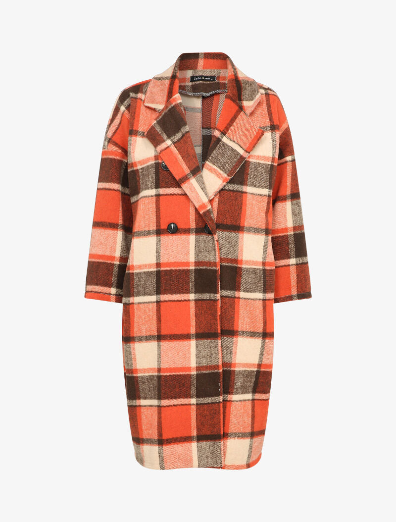 Manteau mi-long à imprimé tartan - Orange - 1