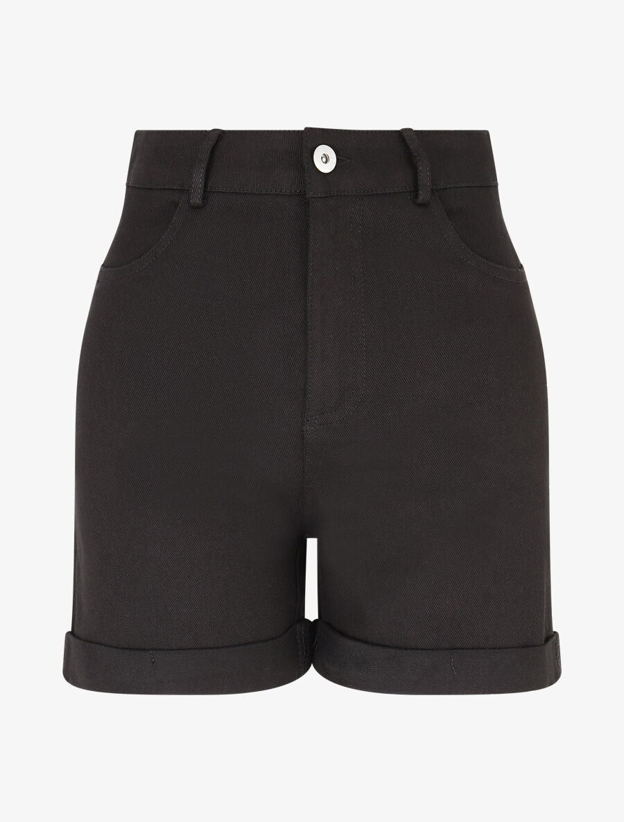 Short uni en jean à revers - Noir - 1