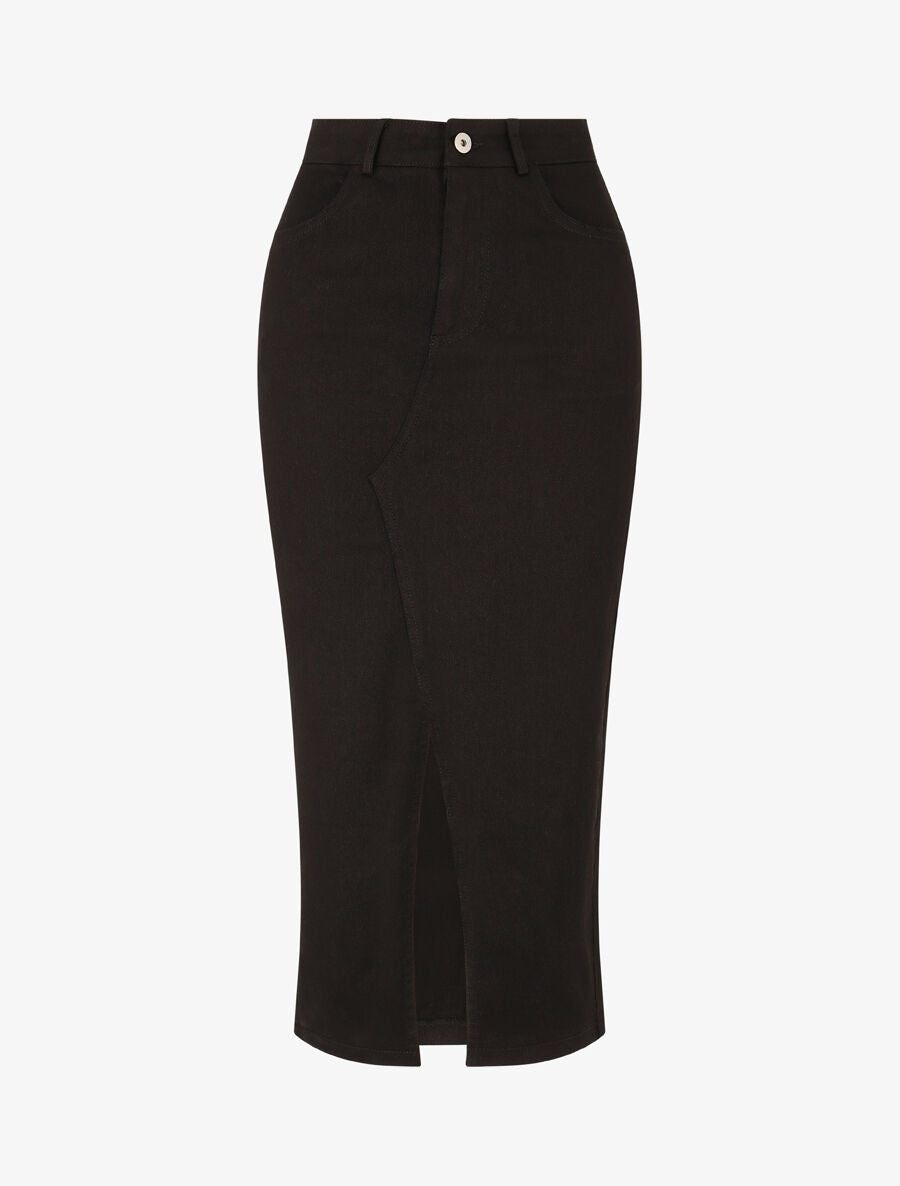 Jupe fourreau uni en jean - Noir - 1