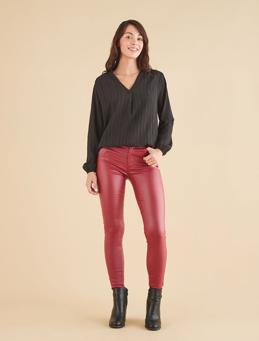 Pantalon uni en simili ceinturé - Bordeaux - 4