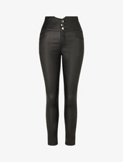 Pantalon uni en simili à 3 boutons - Noir - 1