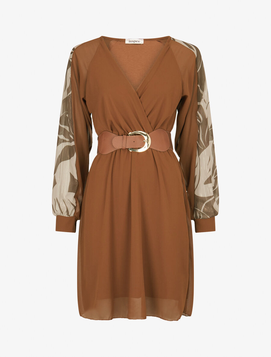 Robe patineuse à manches imprimées - Camel - 1