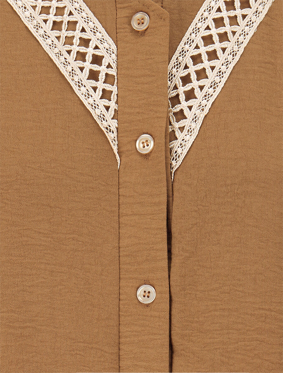 Chemise unie à col brodé - Camel - 3