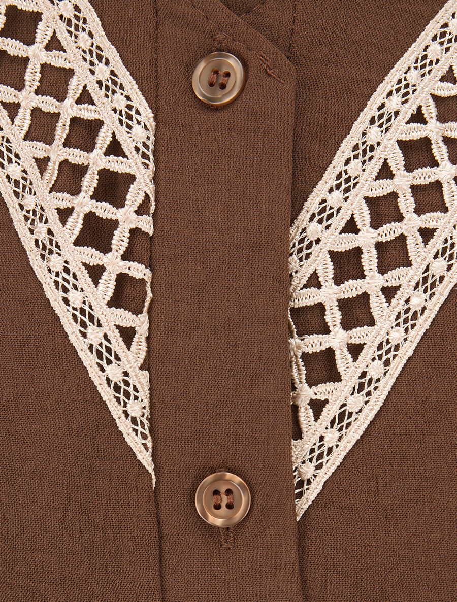 Chemise unie à col brodé - Marron - 3